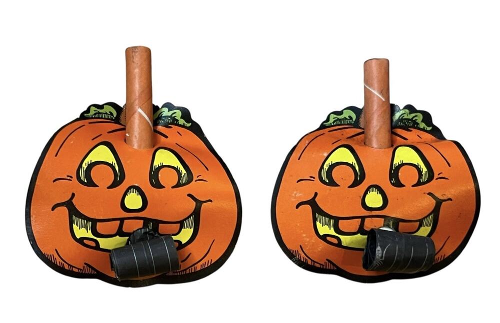 2 VTG Halloween 1980s Cardboard Blow Out Noisemaker Pumpkins